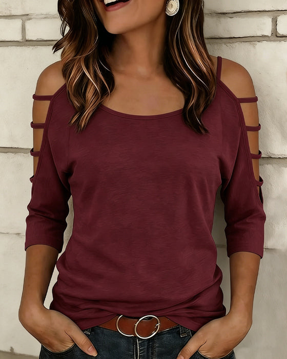 Solid Color Elbow-Length Sleeve Off-Shoulder T-Shirt