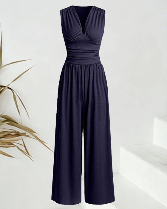 Solid Ribbed Sleeveless Jumpsuit