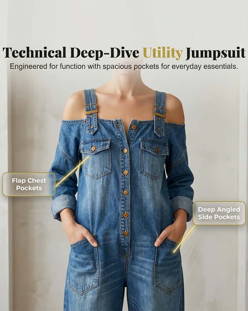 Spaghetti Strap Cold Shoulder Wide-Leg Denim Jumpsuit