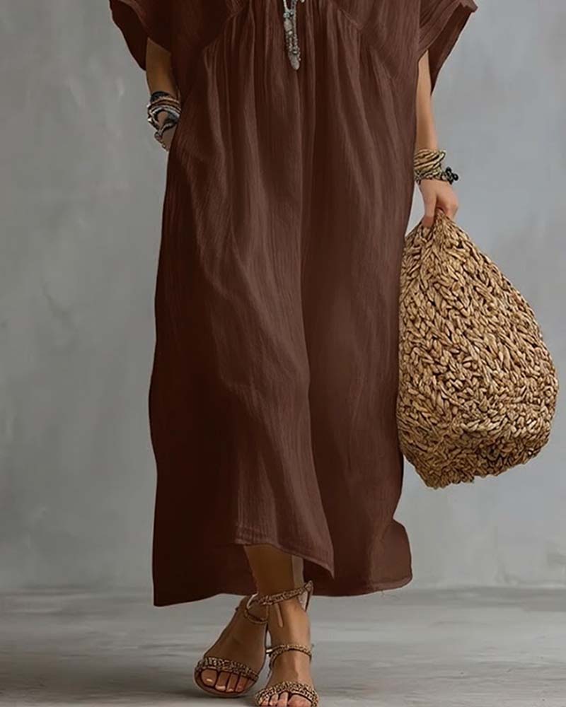 V-Neck Batwing Sleeve Flared Dress