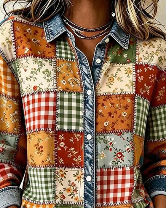 Lapel Plaid Denim Patchwork Top