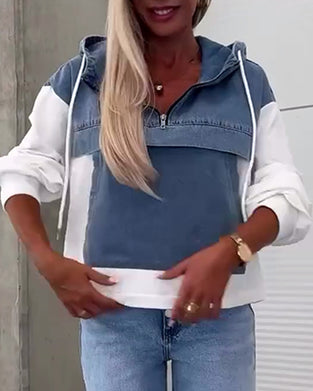 Casual denim patchwork zipper hoodie