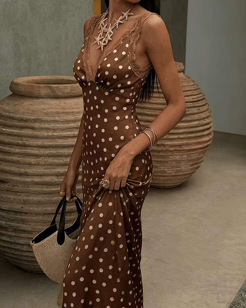V-Neck Polka Dot Lace Patchwork Dresses