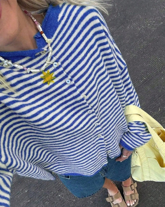 Crew Neck Button Front Striped Pullover