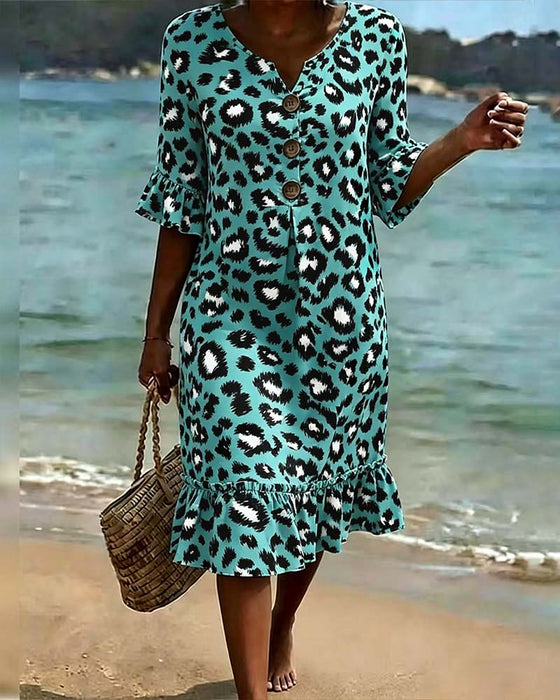 Leopard Print V-Neck Ruffled Dress