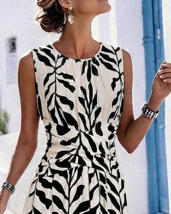 Green Leaves Waist-Cinching Sleeveless Dress
