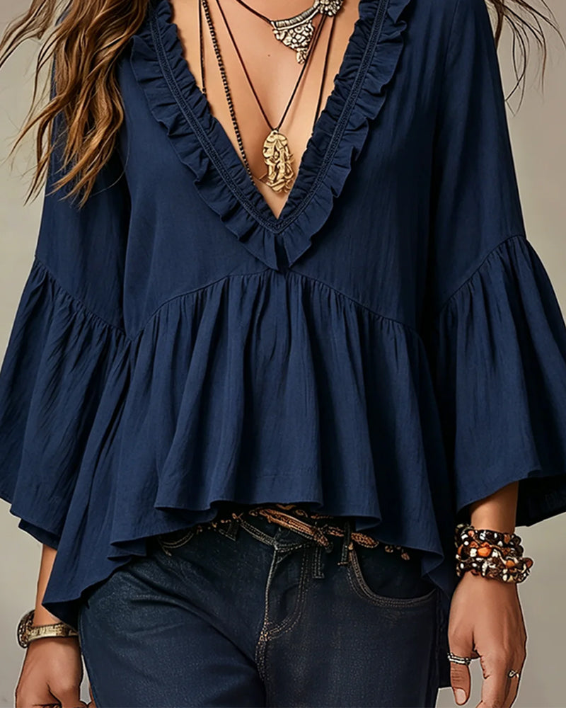 V-Neck Scallop Ruffle Trim Blouse