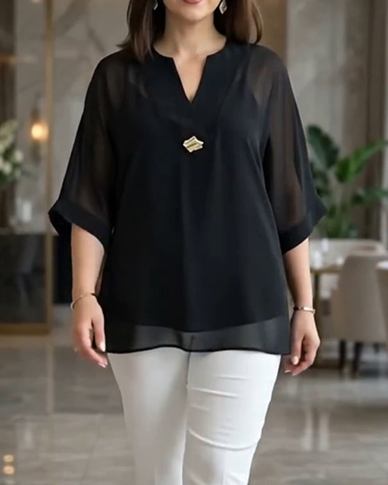 V-Neck See-Through Gauze Loose Blouse