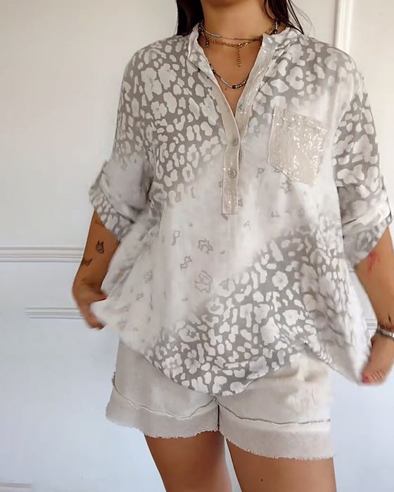 Casual Stand Collar Printed Blouse