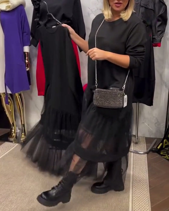 Loose Solid Color Mesh Patchwork Dress