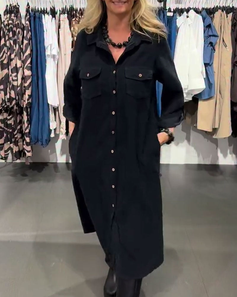 Lapel Pocket-Breasted Long Shirt Dress