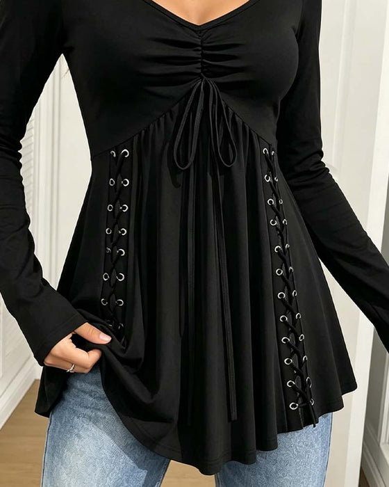 V-Neck Drawstring Long Sleeve Blouse