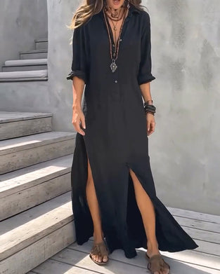 Shirt Collar Button Front Slit Solid Color Dress