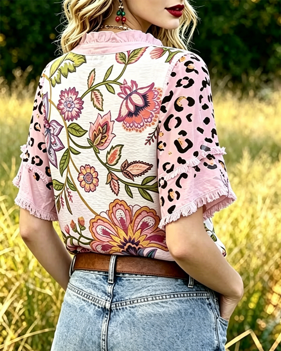 V-Neck Contrast Print Blouse
