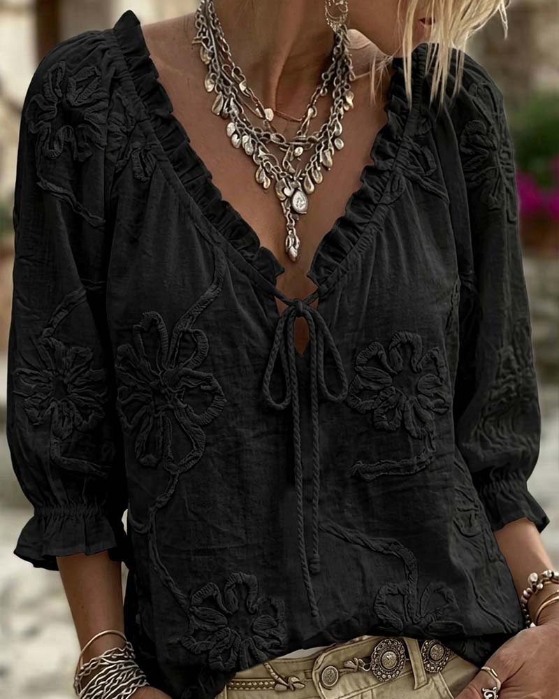 100% Cotton V-Neck Wrap Tie Ruffled Blouse