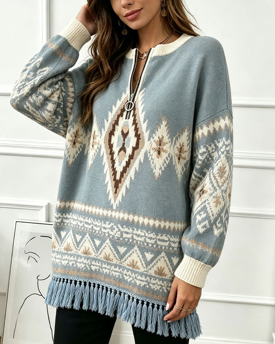 Geometric Jacquard Half-Zip Fringed Hem Pullover
