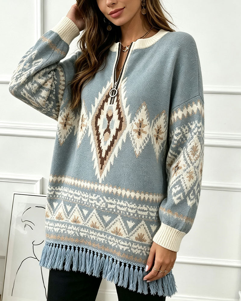 Geometric Jacquard Half-Zip Fringed Hem Pullover