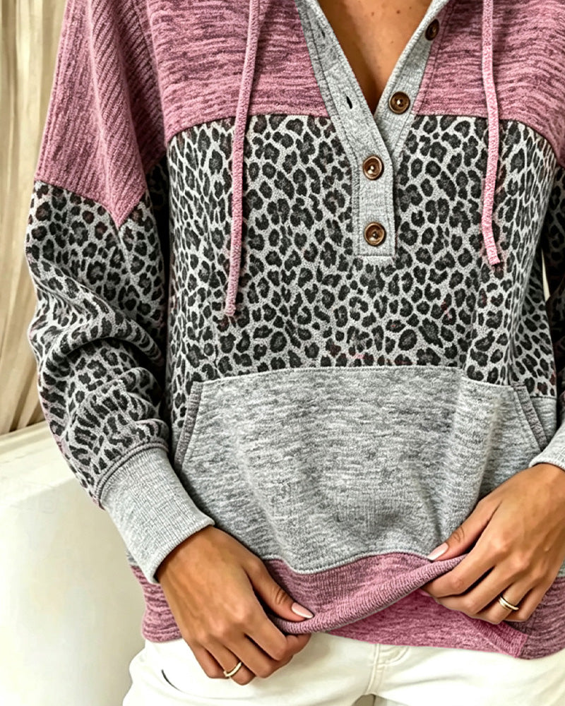 Leopard Color-Block Drawstring Hoodie