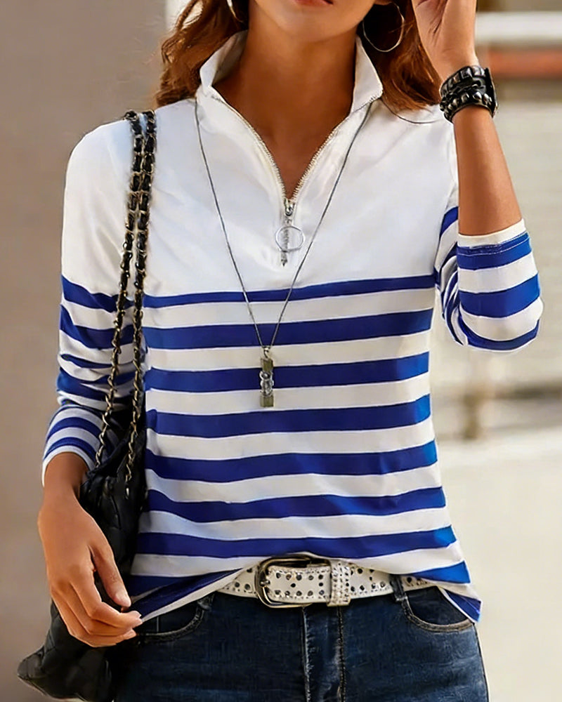 Half-zip Stand Collar Striped Base Tops