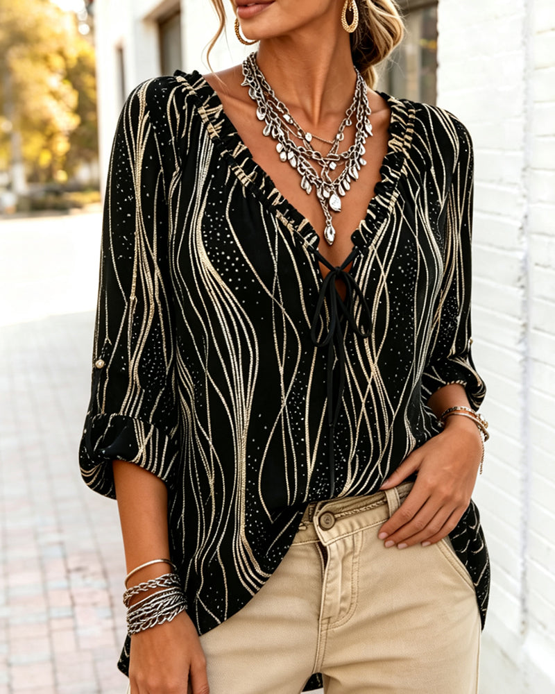 Wave Ruffle Trim V-Neck Tie Blouse