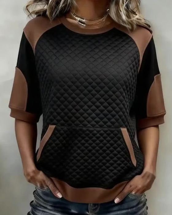 Crew Neck Patchwork Diamond Pattern Blouse