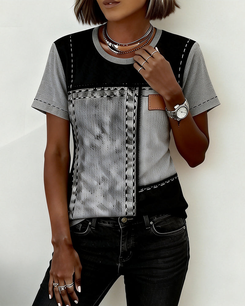 Color-Block Panel Round Neck Short Sleeve T-Shirt