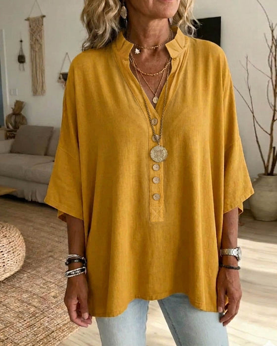 Solid-Color V-Neck Batwing Blouse