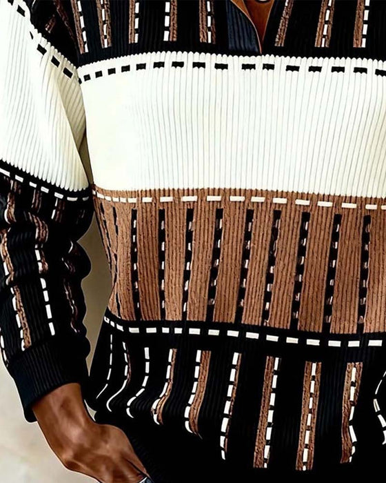 Button Colorblock Striped Pitted Sweatshirt