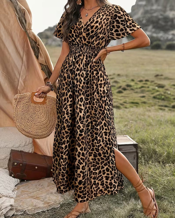 Leopard V-Neck Elastic Waist A-Line Dress