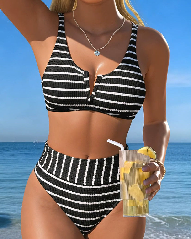 Black White Ribbed Stripe Bikini