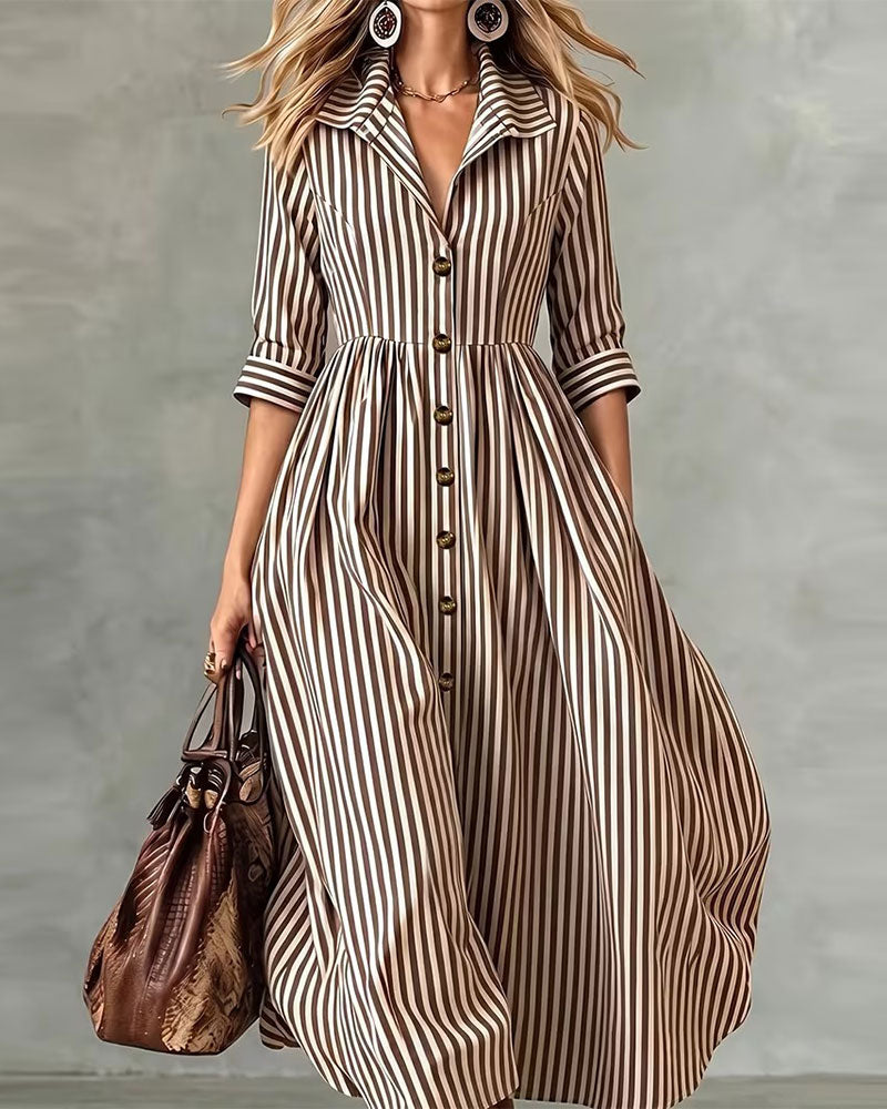 Shirt Collar Waist Striped Dress