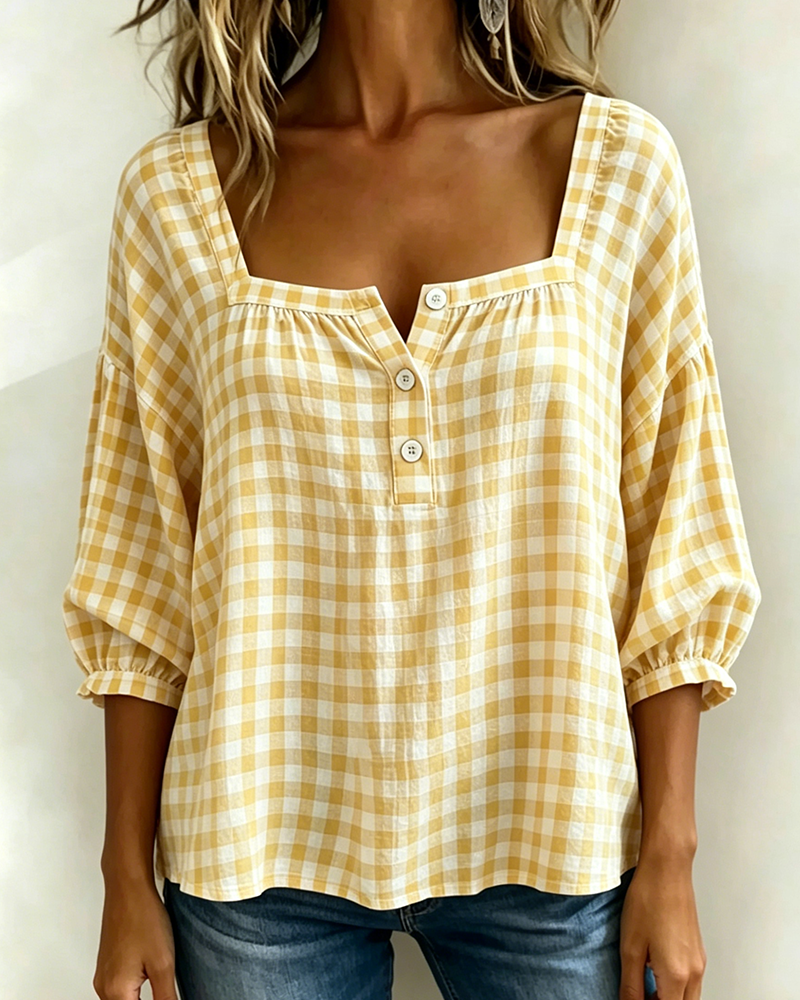 Square Neck Button-Up Plaid Blouse