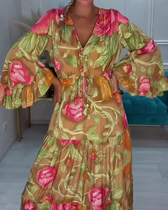 V-Neck Full Skirt Floral Dress