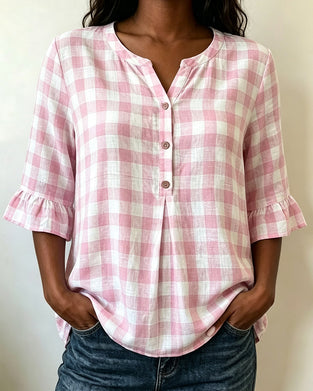 V-Neck Button Front Checkered Ruffle Blouse