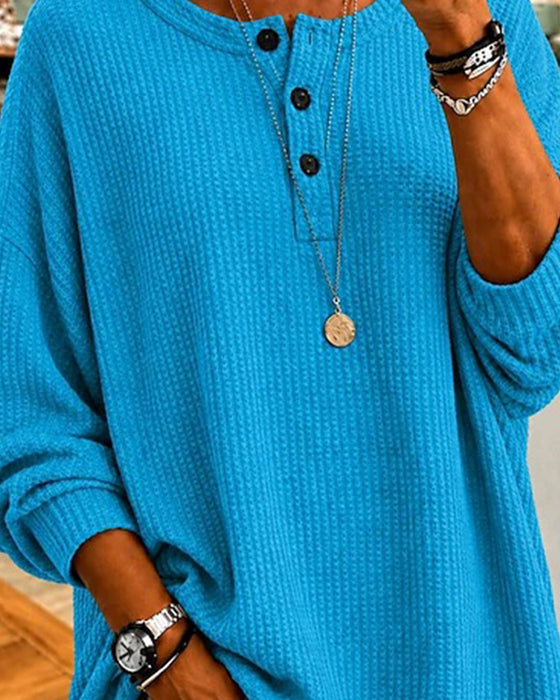 Waffle Crew Neck Loose Blouse