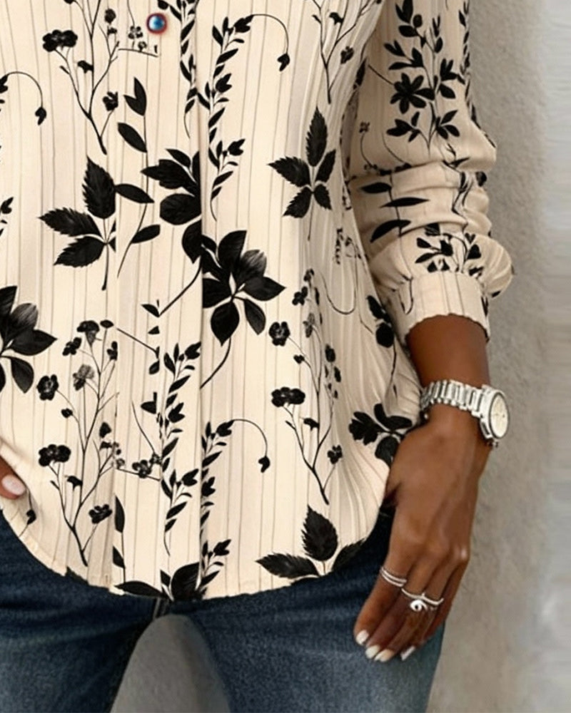 Leaf Print Button-Down V-Neck Blouse
