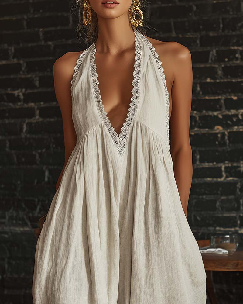 Deep V Sleeveless Wide-Leg Jumpsuit