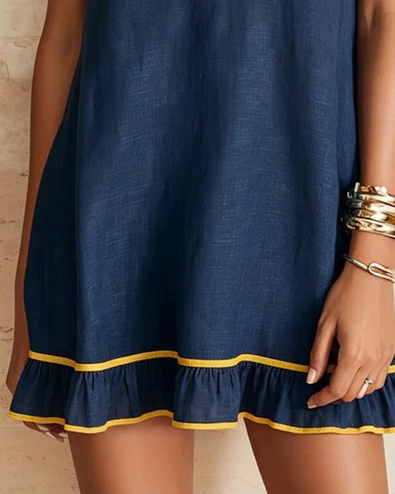 Lapel Color Block Ruffle Sleeve Dress