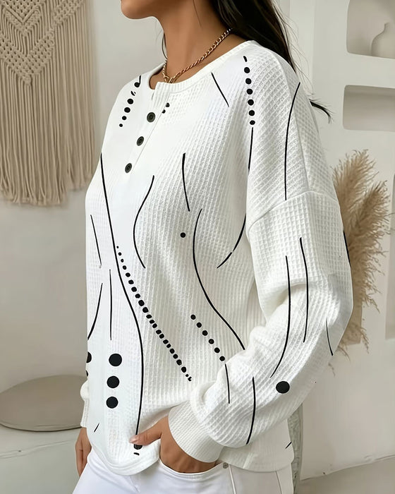 Abstract Print Waffle Henley Top