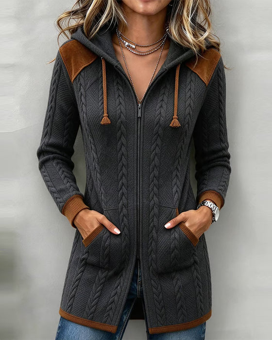 Color Block Cable Hooded Zipped Coat