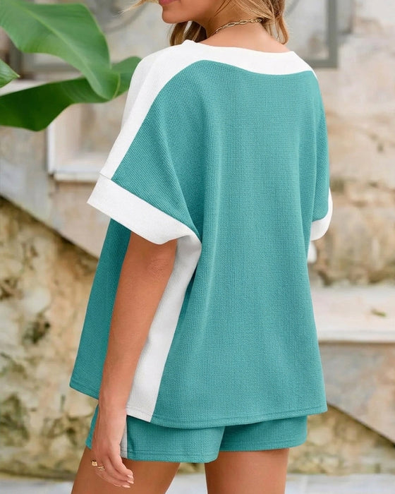 Color Block Short Sleeve Shorts Casual Set