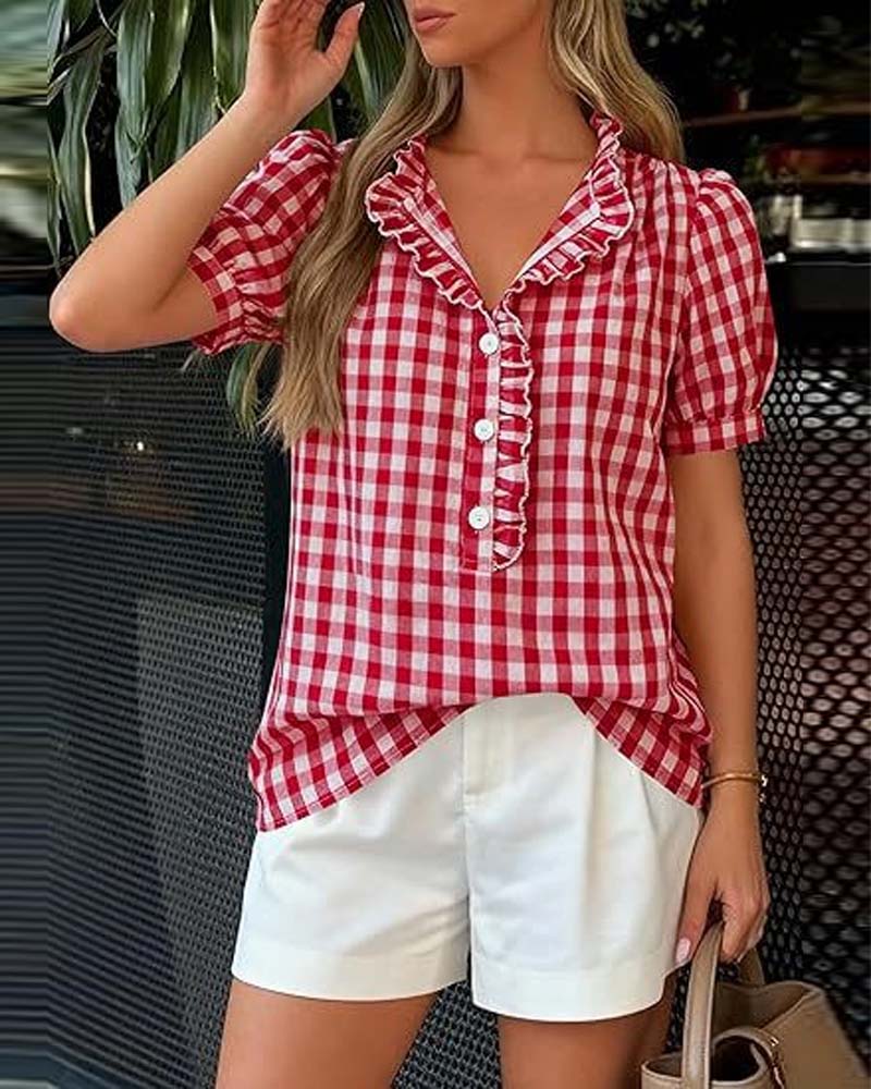 Plaid Puff Short-Sleeved Blouse