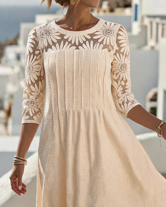 Crew Neck Lace Patchwork Waffle Dress