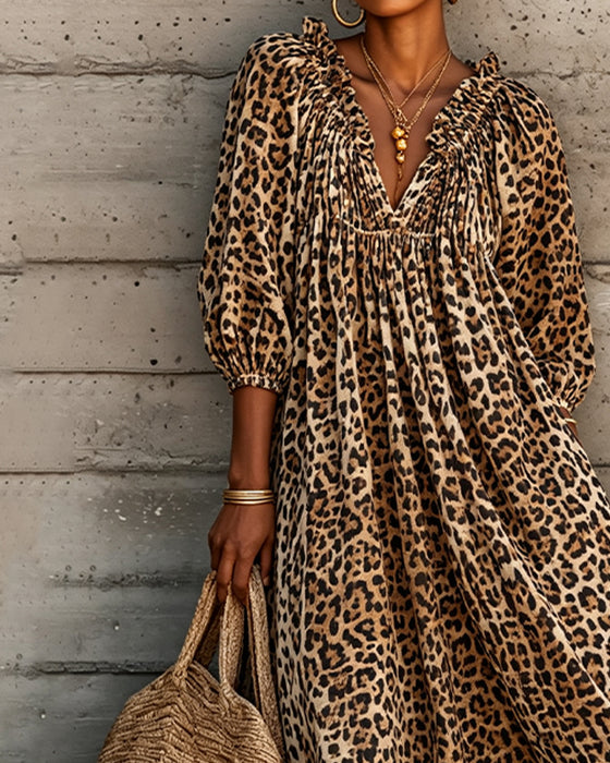 Leopard Print V-Neck Puff Sleeve Dress