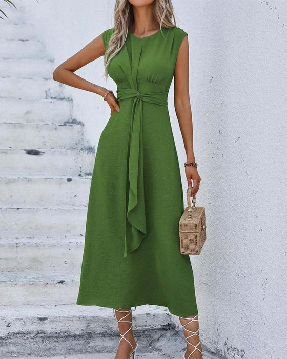 Solid Color Cinched Waist Tie Dress