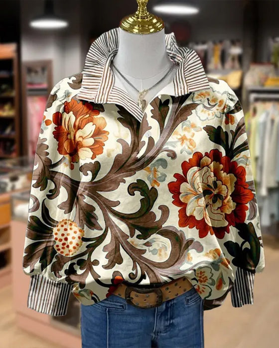 Vintage Floral Patchwork Stripe Lapel Blouse