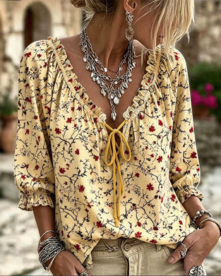 Small Red Flower Floral Tie Blouse