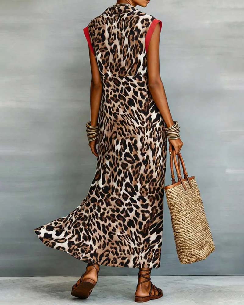 Lapel Leopard Print Contrast Maxi Dress