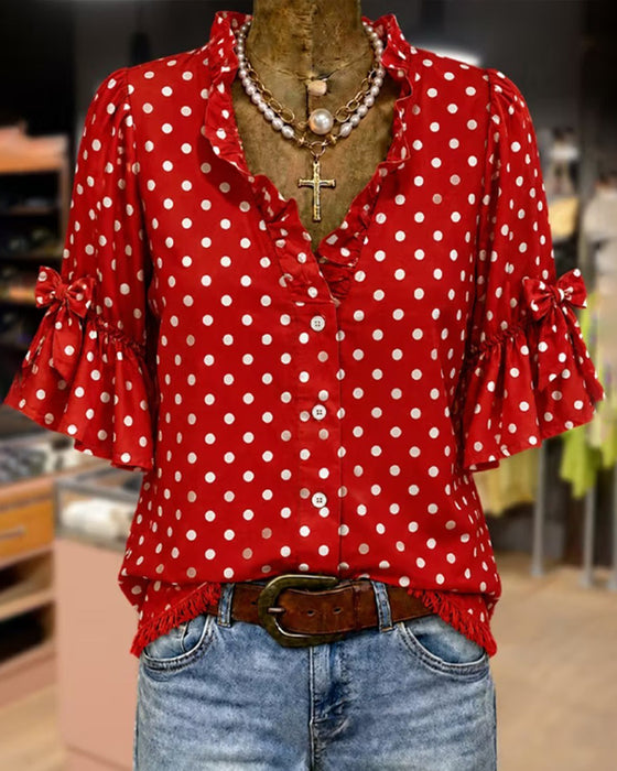 Polka Dot Ruffle Bow Shirt