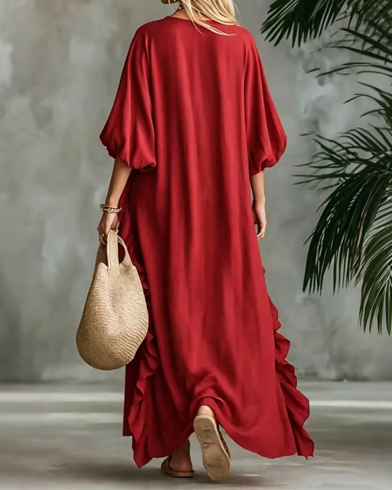V-Neck Lantern Sleeve Loose Dress